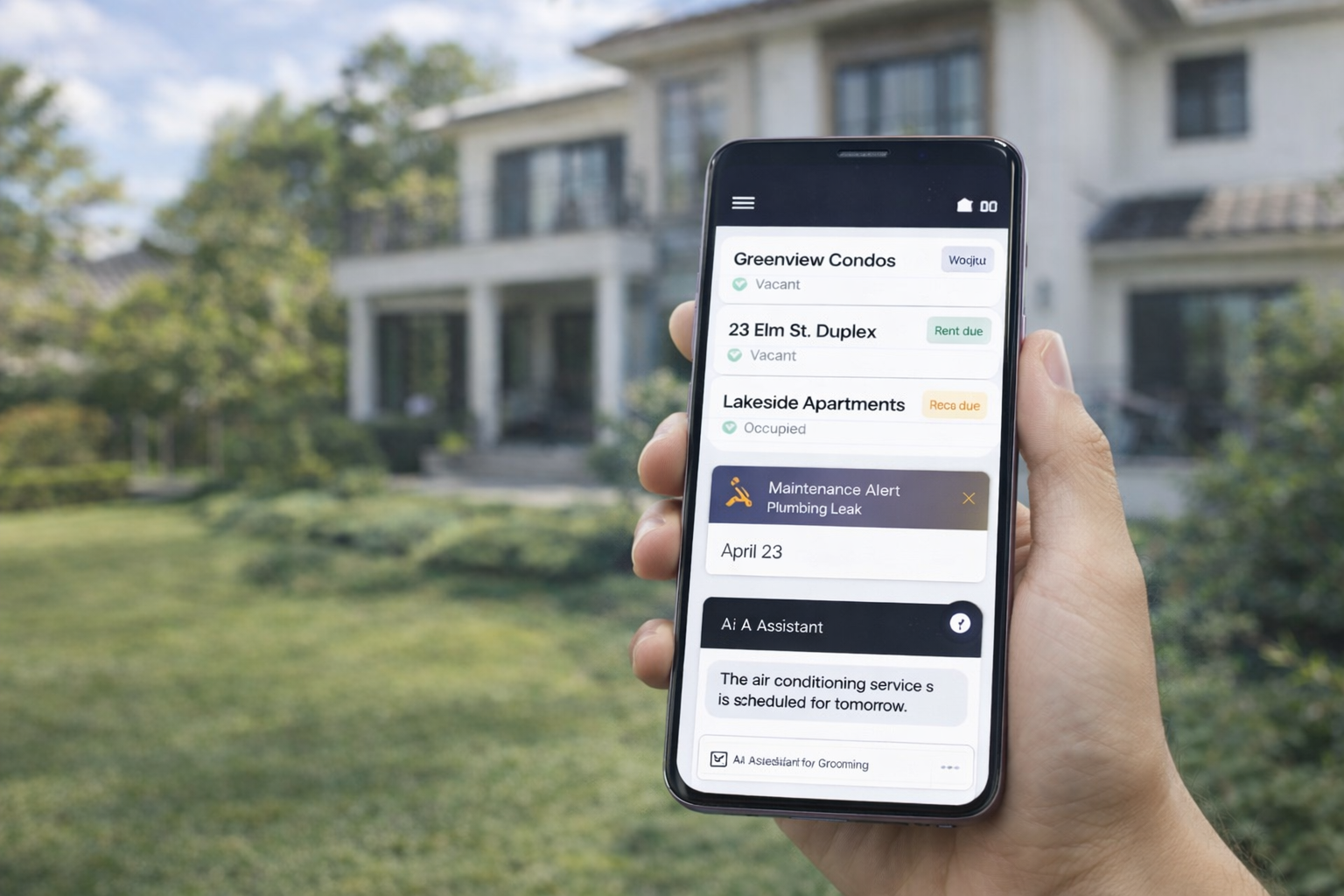 Woju app dashboard showing property management features